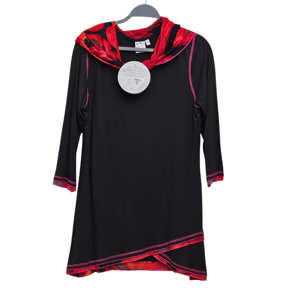 Parsley & Sage Tunic Top Womens M Black Red Floral Cowl Neck Art to Wear Artsy